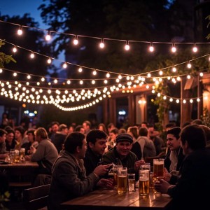Grüne Satisfire Lichterkette mit kaltweißen LEDs in Biergarten-Szene.