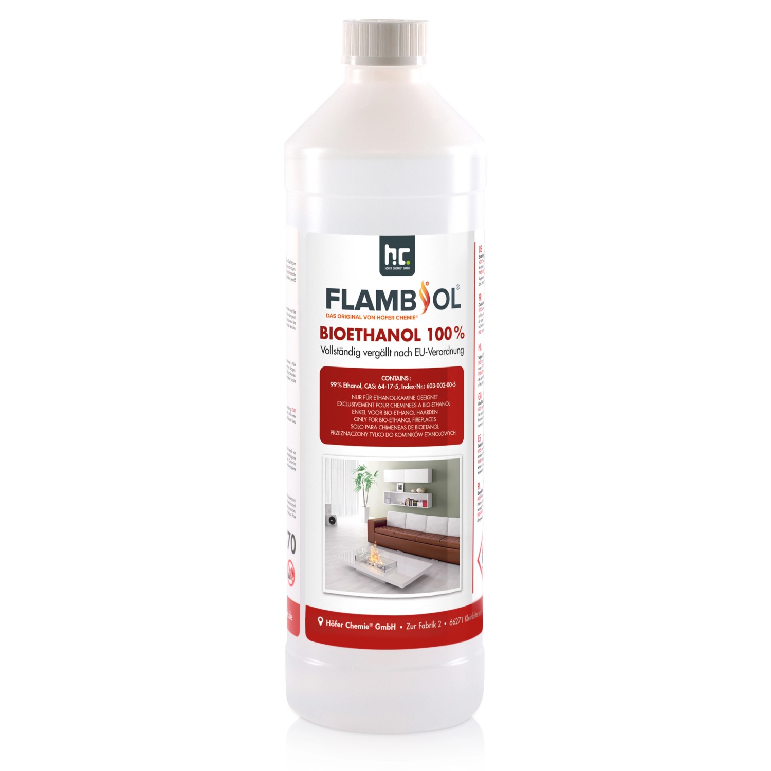 Flasche Flambiol Bioethanol 100% für Edelstahl-Tischkamine, 1 Liter.