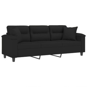 Schwarzes 3-Sitzer Sofa (180 cm) mit Kissen, Mikrofasergewebe. Gemütliches Sofa für Wohnzimmer.