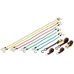 LUX Spanngurt-Set, 12-teilig: Zurrgurte mit Haken und Klemmschloss sowie Gummiexpander in verschiedenen Größen.