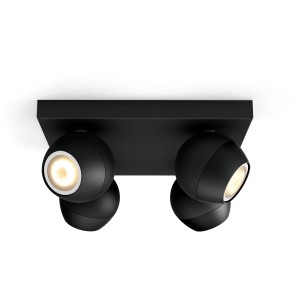 Schwarzer Philips Hue LED-Spot mit 4 Leuchten und Dimmer für warmweißes bis kaltweißes Licht.