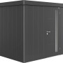 Biohort Metall-Gerätehaus Neo 1B in Dunkelgrau-Metallic mit Tür und Lichtband.