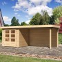 Karibu Holz-Gartenhaus Boras mit Flachdach, unbehandelt, mit Anbau. Naturholzoptik.