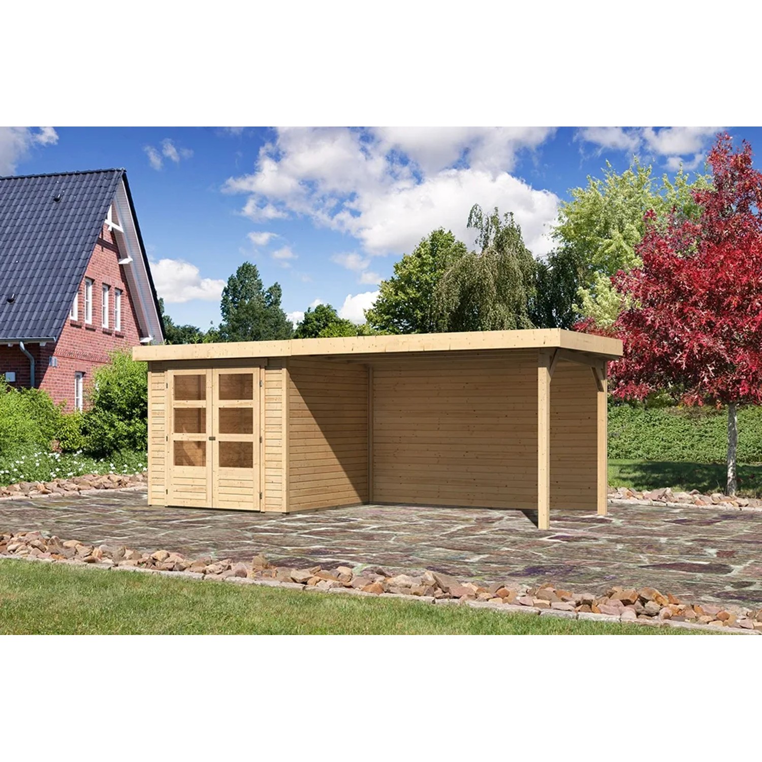 Karibu Holz-Gartenhaus Boras mit Flachdach, unbehandelt, mit Anbau. Naturholzoptik.