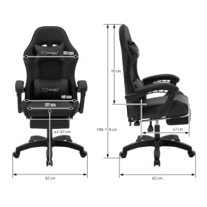 ML-Design Gaming Stuhl Schwarz mit Fußstütze, Maße dargestellt.