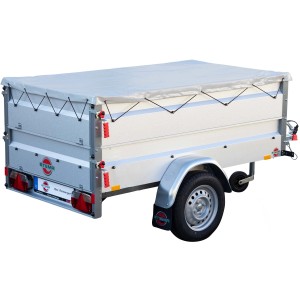 Stema Basic 750 Anhänger mit Stützrad, Bordwandaufsatz und lichtgrauer Flachplane.