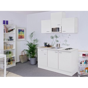 Flex-Well Singleküche Wito, 150 cm breit, Weiß, mit Kochfeld, Spüle und Mikrowelle.
