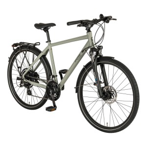 Graues Prophete Trekking Herrenrad Entdecker 500 mit Gepäckträger, Federgabel und Scheibenbremsen.