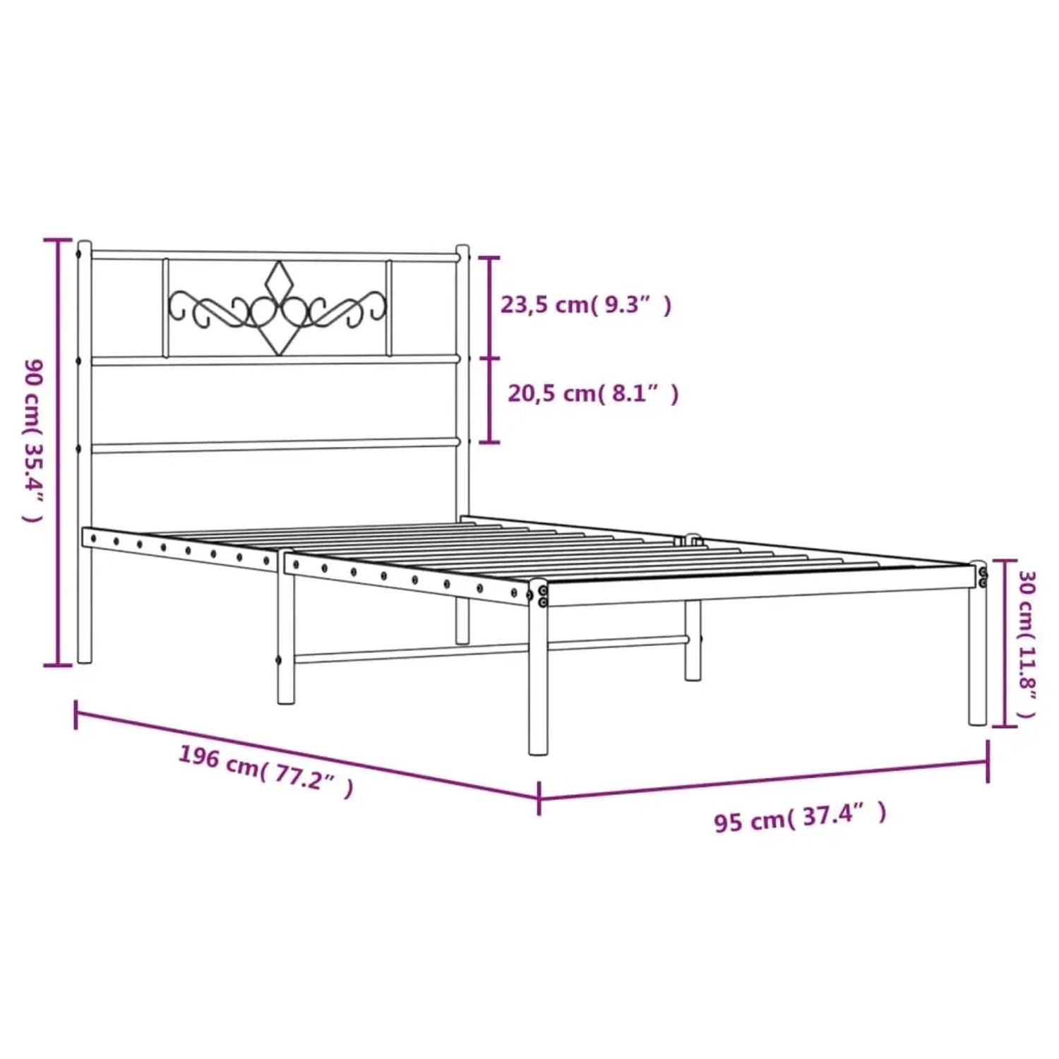 Weißes Metallbettgestell 90x190 cm mit Kopfteil für Schlafzimmer.