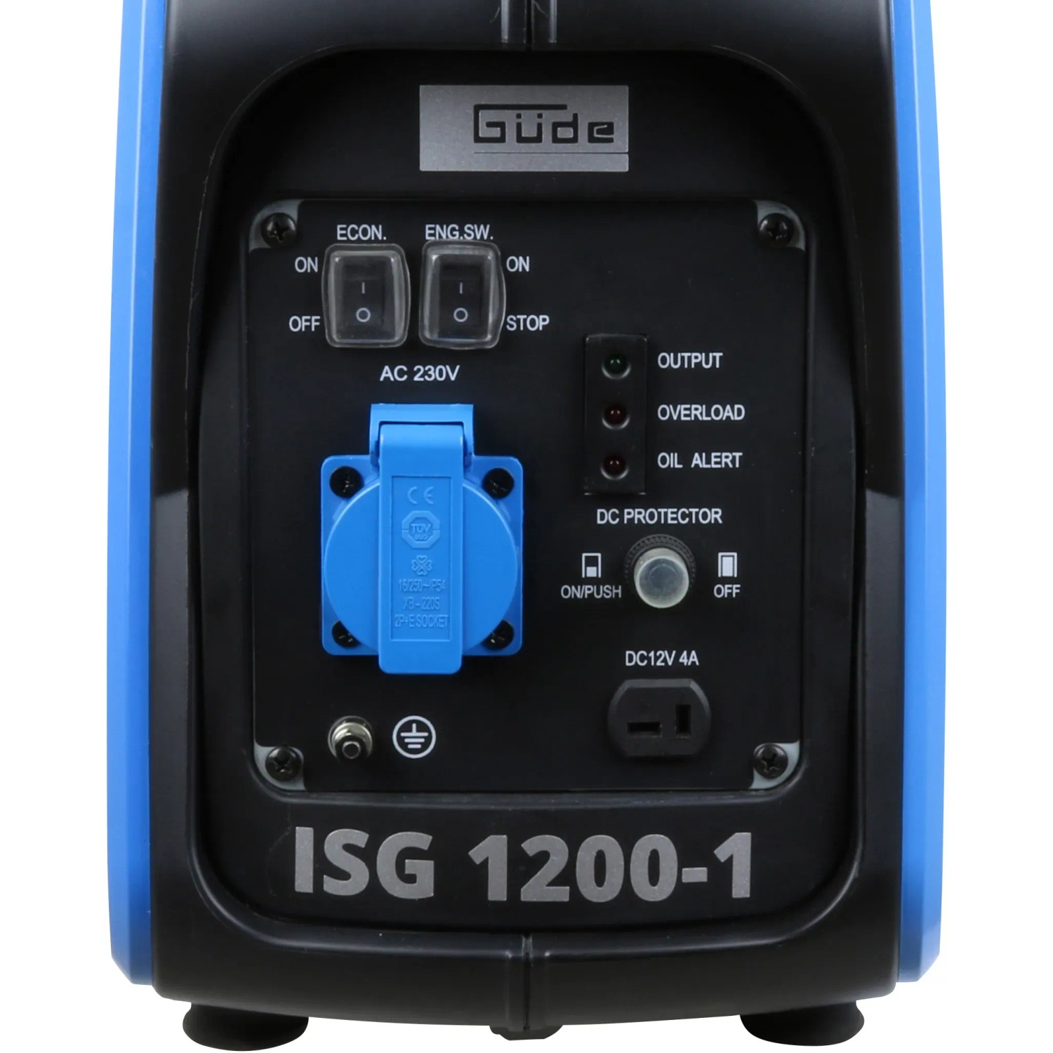 Detailansicht der Rückseite des Güde ISG 1200-1 Stromerzeugers mit Anschlüssen und Schaltern.