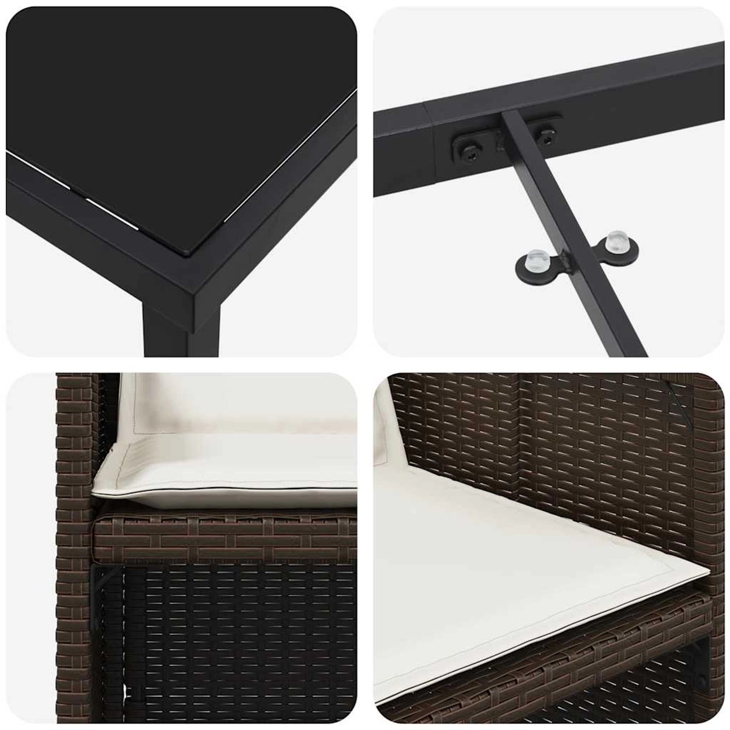 Detailansicht: Braune vidaXL Garten Essgruppe aus Rattan mit Tisch und Stühlen.