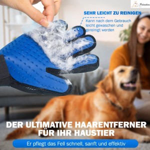 Blauer Petsation Fellpflegehandschuh mit Silikonnoppen, eine Hand entfernt lose Tierhaare. Effektive Hundebürste für Fellpflege.