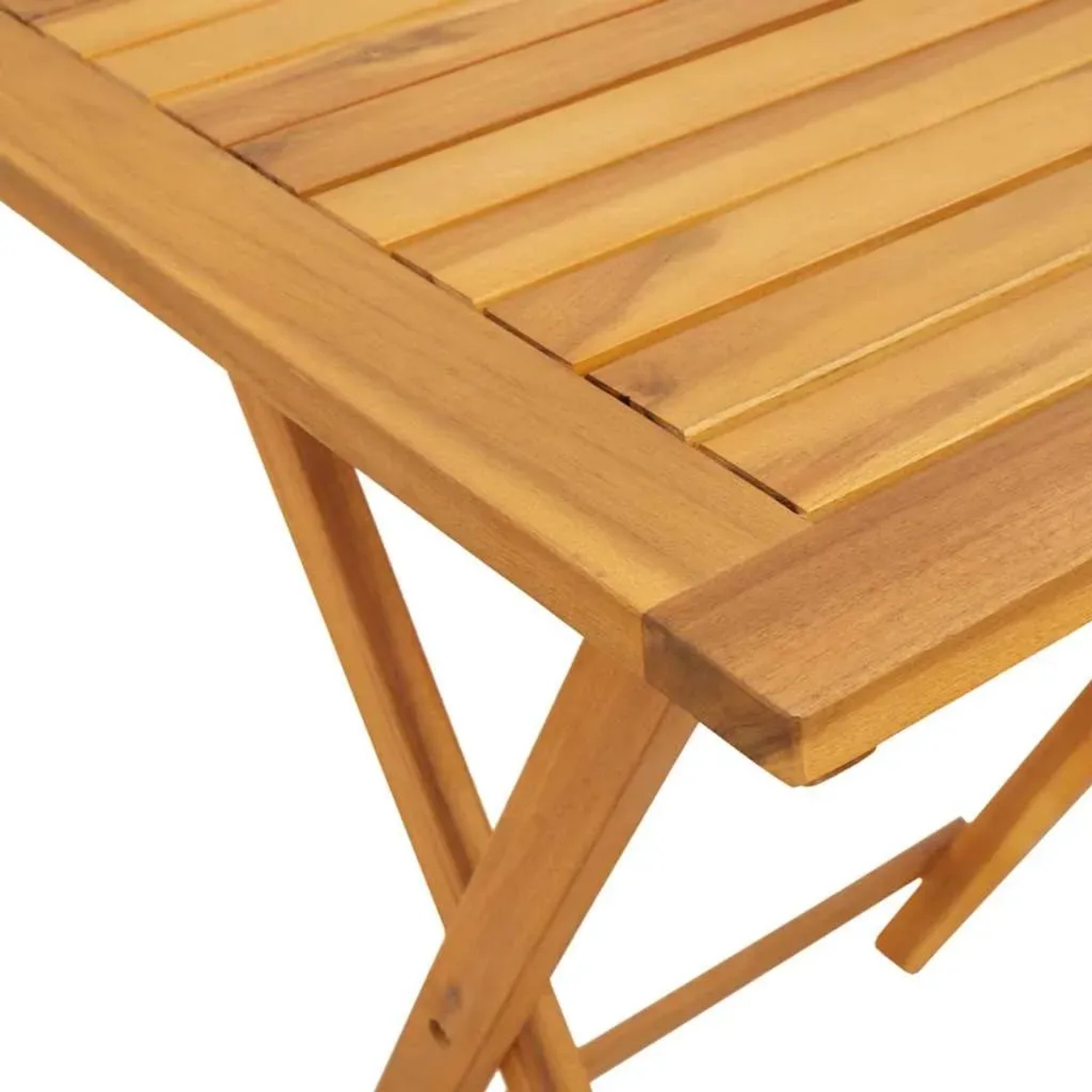 Detailansicht: Braunes vidaXL Garten Bistro Set aus Akazienholz, Tischplatte und Gestell.