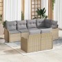 Beiges 7-teiliges Garten-Sofa-Set aus Poly Rattan mit grauen Kissen.