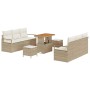 Beiges 9-teiliges vidaXL Garten-Sofa-Set aus Poly Rattan mit Tisch und Hockern.