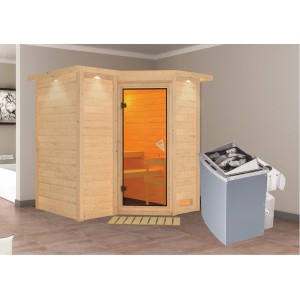 Woodfeeling Sauna-Set Steena 1 mit Ofen und Dachkranz aus naturbelassener Fichte.