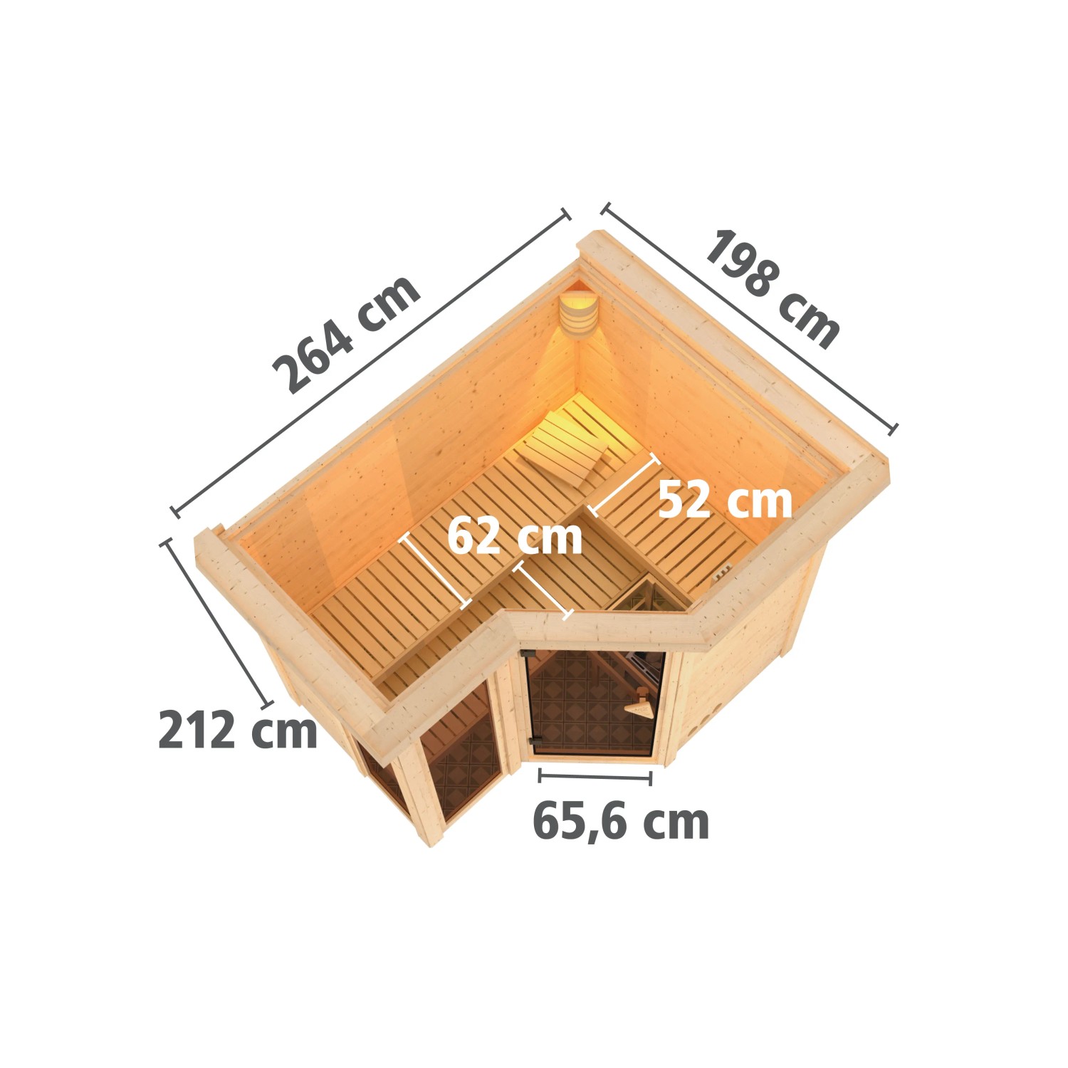 Karibu Sauna Amalia mit Ofen, Aufsicht mit Maßen. Massivholzsauna mit integrierter Beleuchtung.