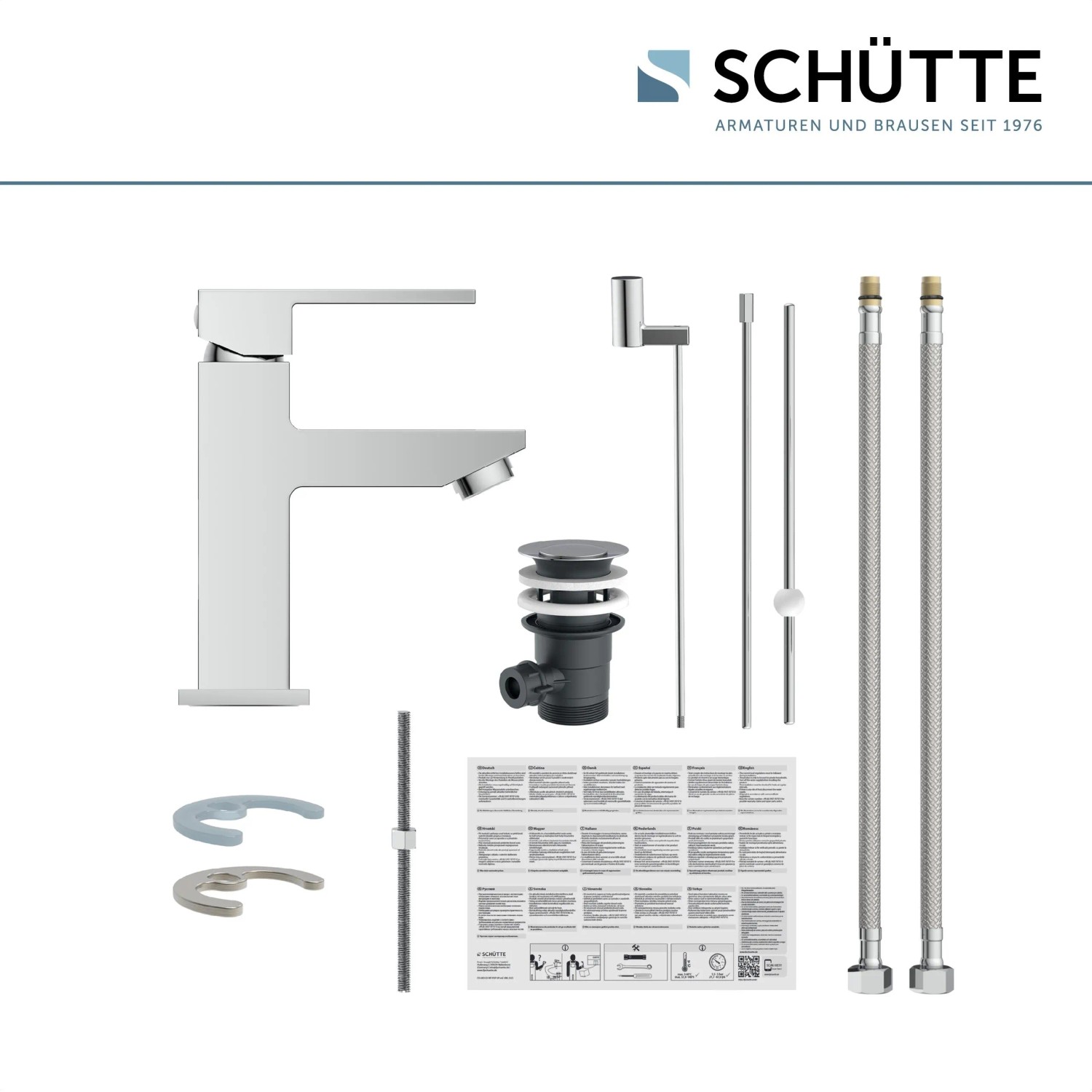 Schütte Waschtischarmatur Tokyo II Chrom mit Zubehör und flexiblen Anschlussschläuchen.