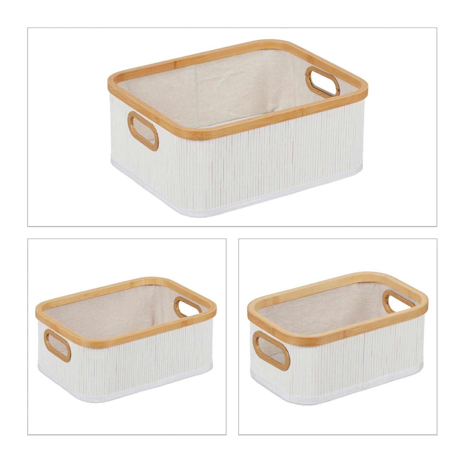 Relaxdays Aufbewahrungskorb 3er Set Bambus Weiß Natur Beige Stapelbar