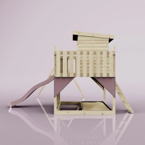 PolarPlay Spielturm Björn mit Rutsche, Schaukel und Leiter in Altrosa. Holzkonstruktion für Kinder.