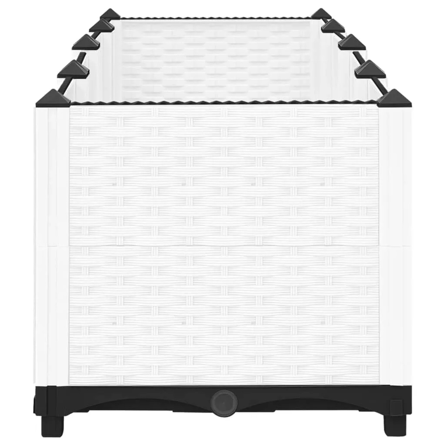Weißes vidaXL Hochbeet (160x40x38 cm) aus Polypropylen mit Rattan-Optik.