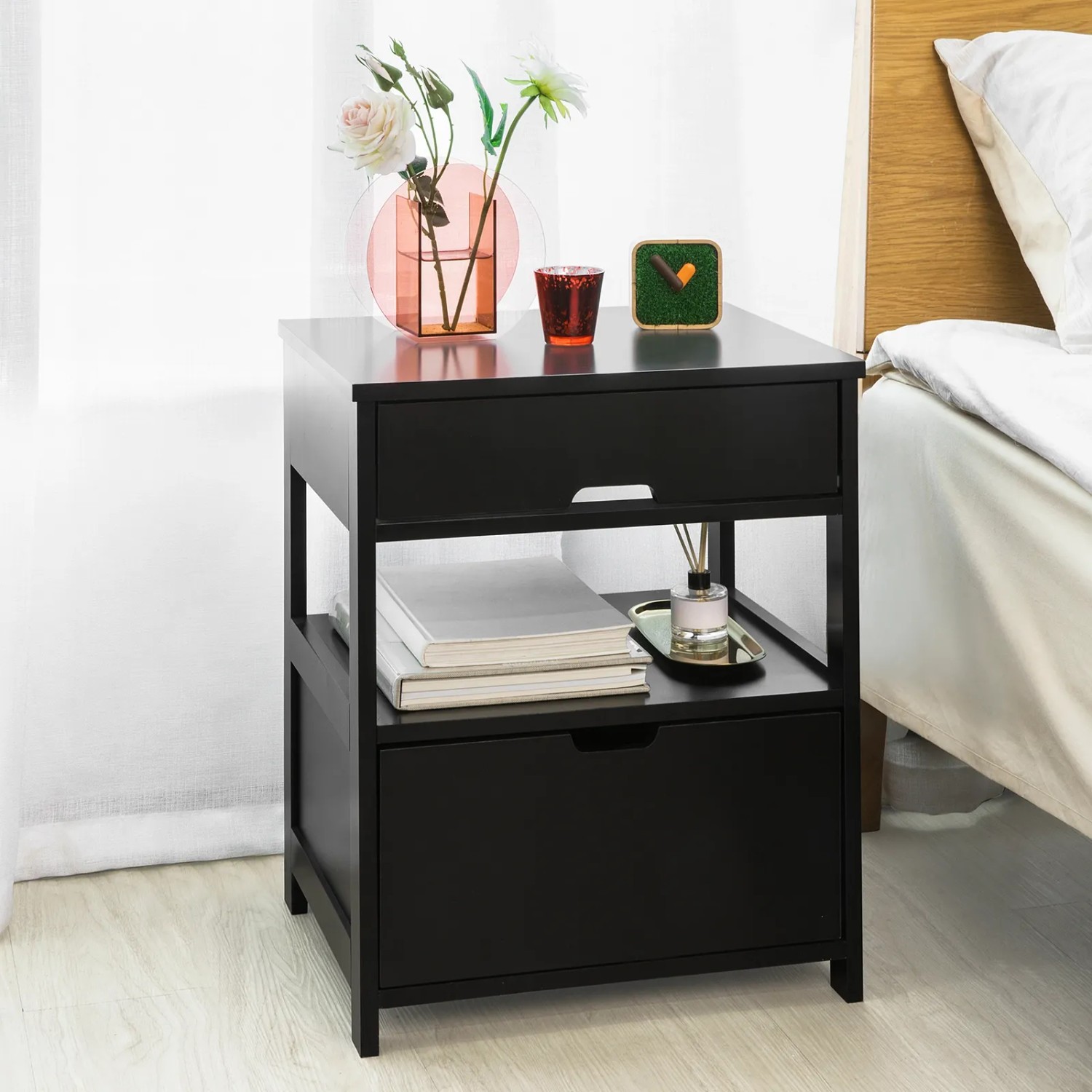 SoBuy Nachttisch FRG258-SCH, schwarz, mit 2 Schubladen und Ablage. Ideal als Beistelltisch.