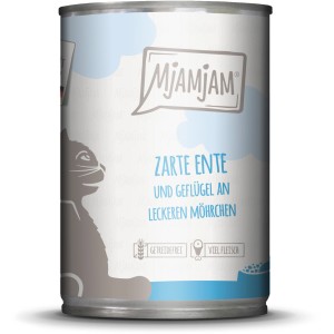 Mjamjam Katzen-Nassfutter Zarte Ente & Geflügel mit Möhrchen, 400g Dose.