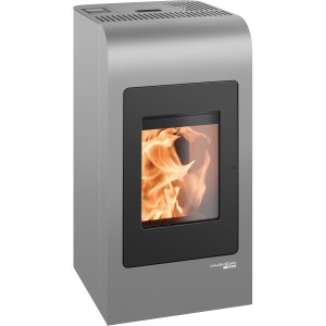 Haas+Sohn Pelletofen HSP 2.rounded, Stahl grau-schwarz, 8 kW. Moderner Ofen mit Sichtfenster und Flammen.