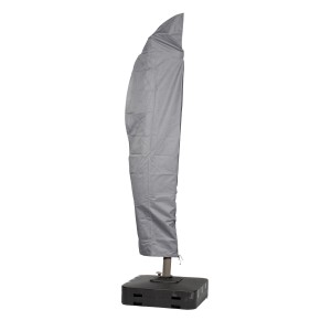 Graue Schutzhülle für einen Ampelschirm mit gebogenem Gestell auf einem schwarzen Schirmständer.