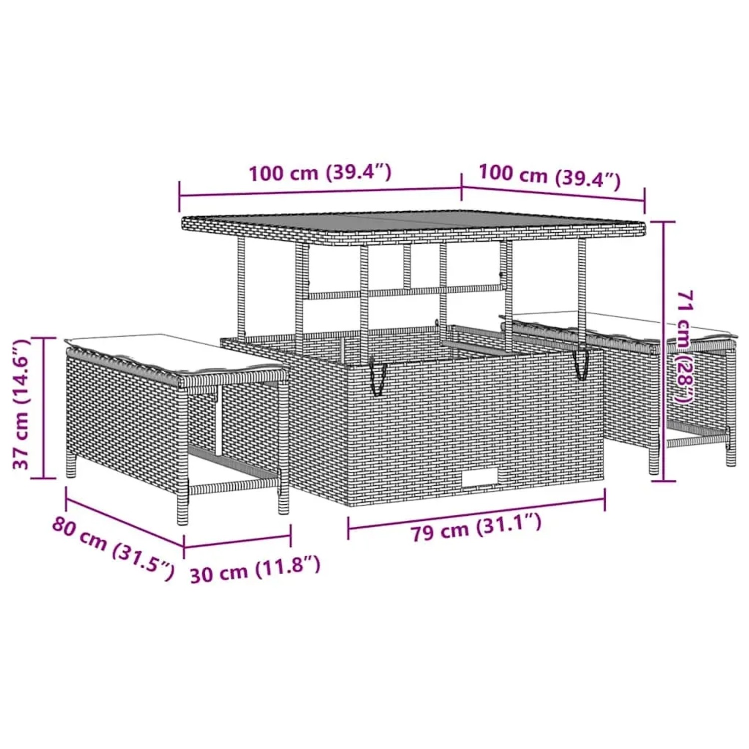 Beiges 9-teiliges vidaXL Garten-Sofa-Set aus Poly Rattan mit Tisch und Hockern, Maße sind eingezeichnet.