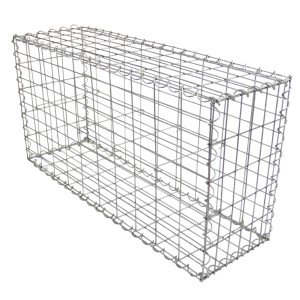 Silberner Gabionenkorb (100x50x30cm) aus verzinktem Stahl für Zäune und Mauern.