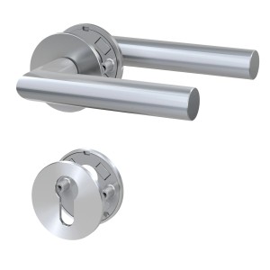 Edelstahl Rosetten-Garnitur mit Magnet-Flachrosetten und Profilzylinder-Lochung für Innentüren.