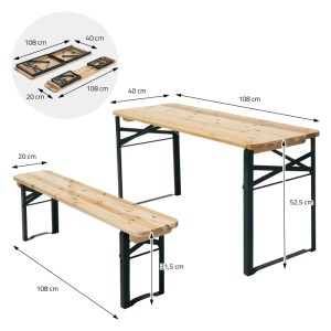 ML-Design Kindersitzgruppe aus Tannenholz für Outdoor: Tisch und 2 Bänke, klappbar, mit Maßangaben.