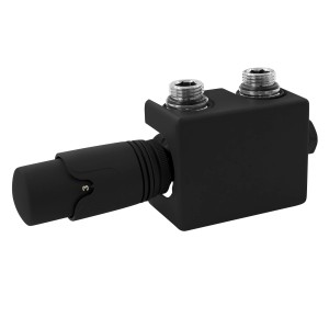 Schwarze LuxeBath Anschlussgarnitur Universal für Badheizkörper mit Thermostat.