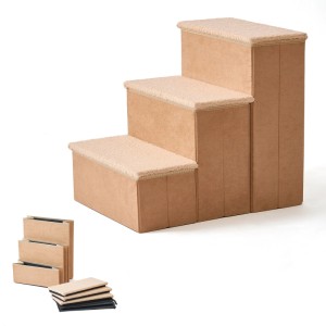 Beige faltbare Hundetreppe aus MDF mit 3 Polyester-Stufen und Stauraum. Aufstiegshilfe für Haustiere.