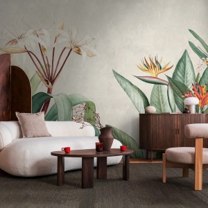 Fototapete Blumen (Creme, Grau, Grün, Gelb) von PROFHOME, florales Design für Wohnräume.