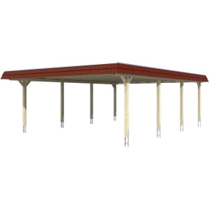 Skan Holz Doppelcarport Wendland, Eiche hell, mit rotem Alu-Dach. Carport für zwei Fahrzeuge.