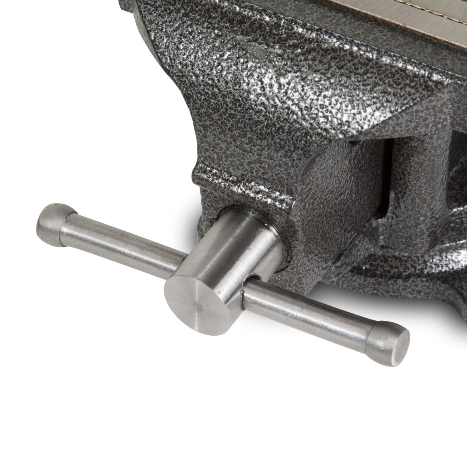 Detailaufnahme: EBERTH Schraubstock (125mm Backenbreite) mit Spannhebel.