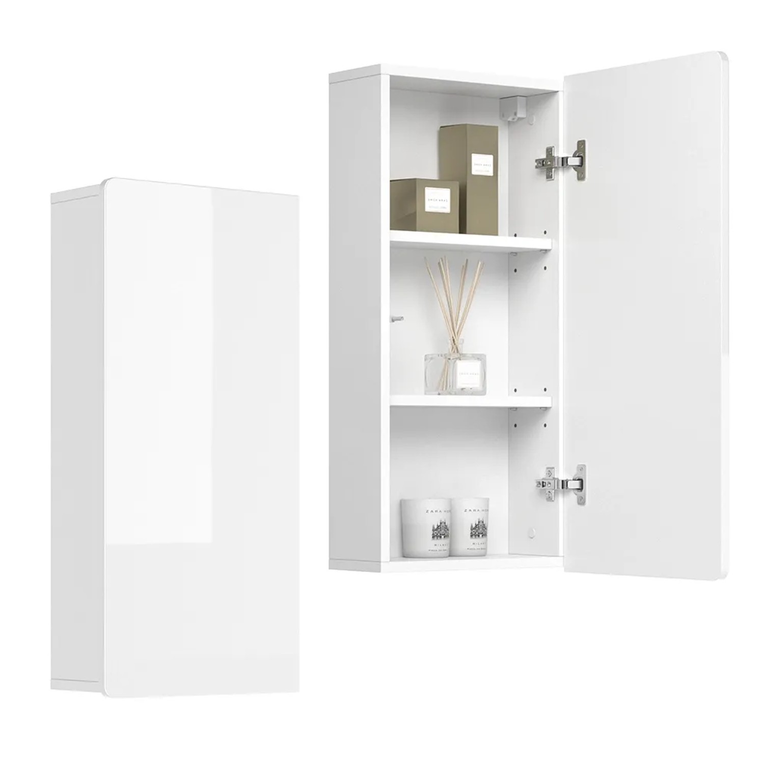 Vicco Badschrank Izan, weiß hochglänzend, 37x77 cm, hängend mit offener Tür und Regalfächern.