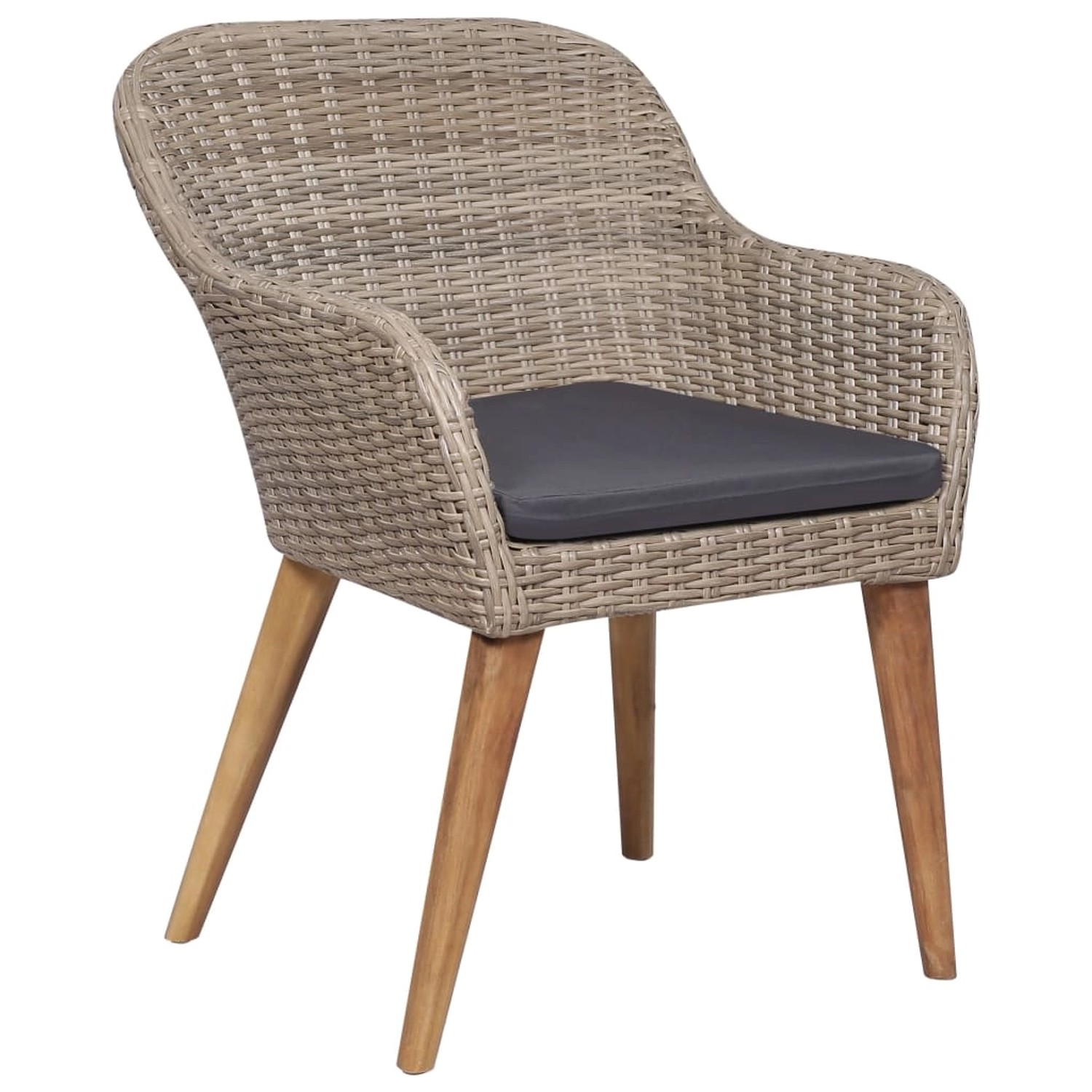 Brauner Gartenstuhl aus Rattan mit dunklem Kissen, Teil der vidaXL Essgruppe.