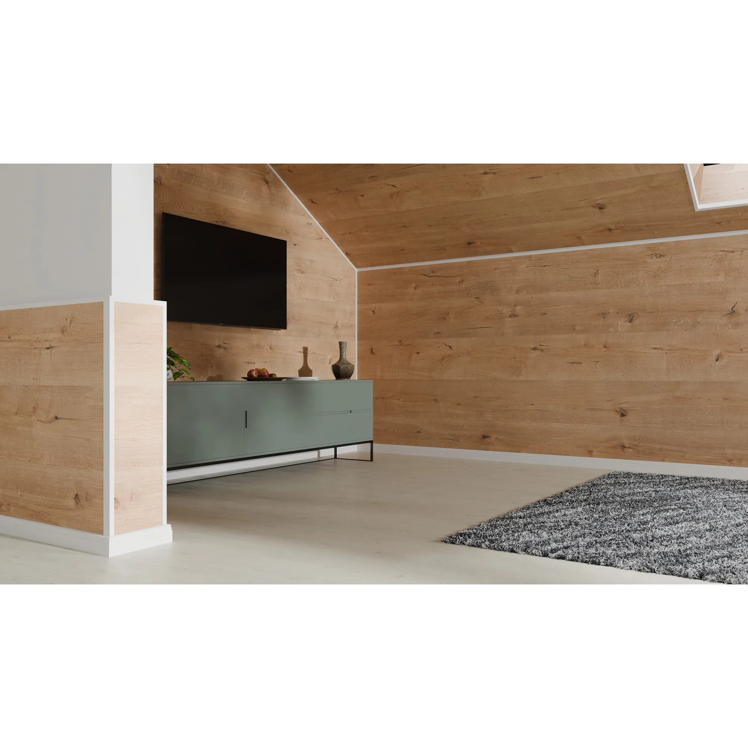 Raum mit Egger Decowall Wandverkleidung in Holzoptik und weißen Faltleisten als Übergang.