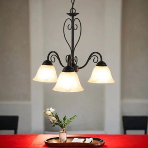 EASYLIGHT Pendelleuchte 3-Flammig E14 Rustikal Glas Metall Ø 46 cm Schwarz Weiß