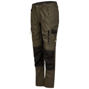 Hans Schäfer Workwear Bundhose Amazone Damen in Oliv. Robuste Arbeitshose mit schwarzen Cordura-Verstärkungen an Knien und Taschen.