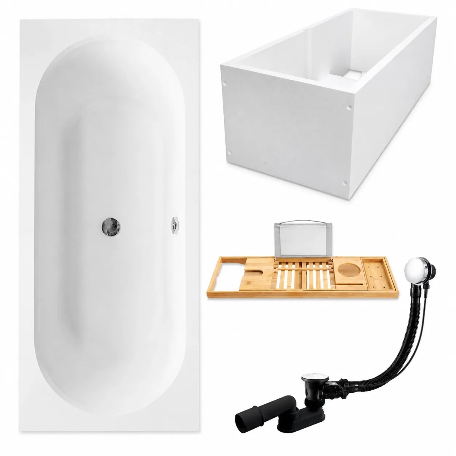 KOLMAN Badewanne Rechteck 150 x 75 Cm Mit Wannenträger Mit Bambus Badewannenablage Inkl. Ablauf Und Füße