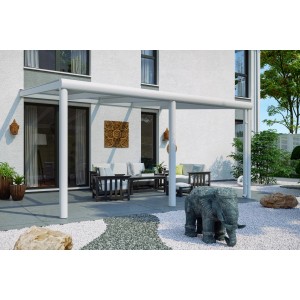 Weiße Skan Holz Terrassenüberdachung Garda aus Aluminium, 434x307 cm, mit Polycarbonat-Dacheindeckung.