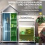 Outsunny Gartenschrank aus Tannenholz, hellgrau, mit Werkzeugen und Gartengeräten gefüllt.