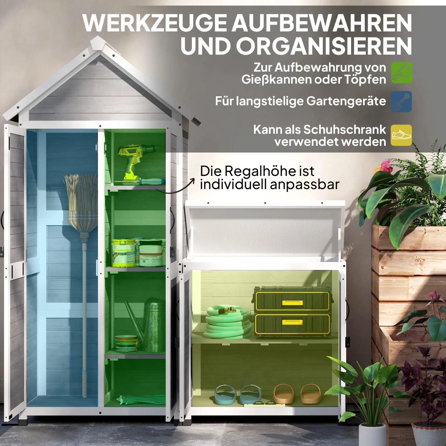 Outsunny Gartenschrank aus Tannenholz, hellgrau, mit Werkzeugen und Gartengeräten gefüllt.