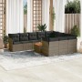 Graue 11-tlg. vidaXL Garten-Sofagarnitur aus Poly Rattan mit dunklen Kissen und Akazienholztisch.