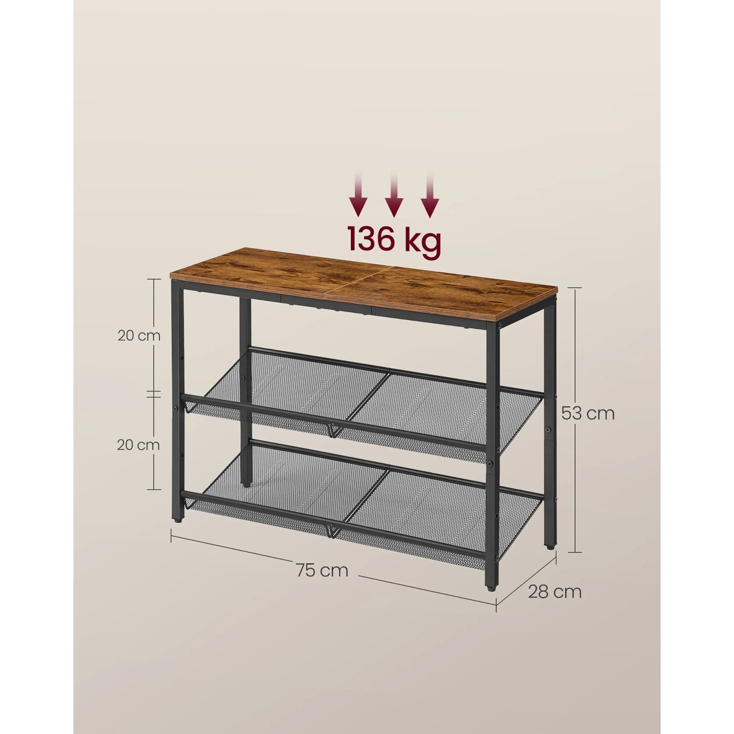 Vasagle Schuhregal mit 3 Ebenen in Braun, 75x53x28cm, im Industrie-Stil.