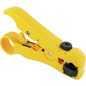Gelbes Schwaiger Universal-Abisolierwerkzeug für Koaxialkabel und Telefonkabel.